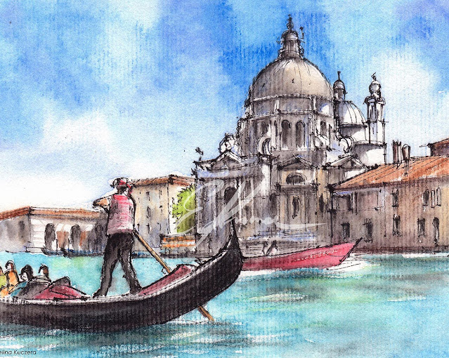 Watercolor showing Canal Grande with a boat, in Venice, Italy