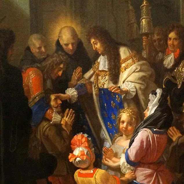 Luís XIV - o 'Rei Sol' - toca apestados. Carlos X, último rei legítimo continuou a tradição. Igreja de Saint-Riquier, Somme