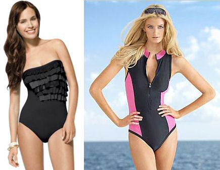 Slimming swimsuits: black with ruffles or sexy scuba style
