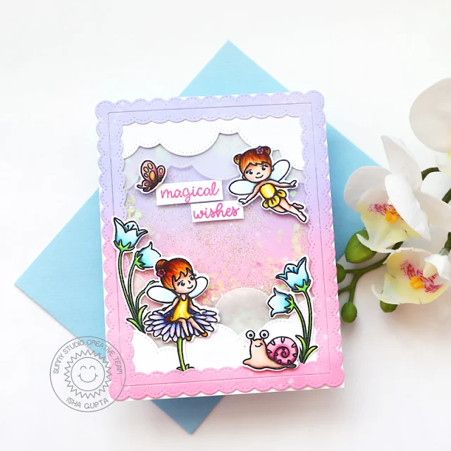 Sunny Studio Stamps: Garden Fairy Slimline Dies Fancy Frame Dies Birthday Cards by Isha Gupt