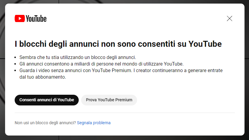 avviso anti-AdBlock di YouTube anche in Italia