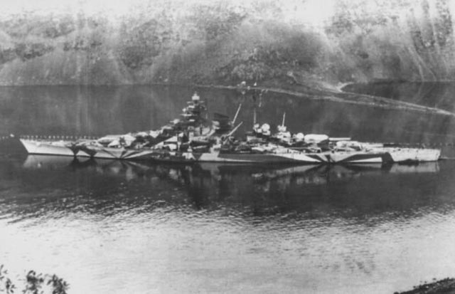 German battleship Tirpitz in Kaafjord, April 1944 worldwartwo.filminspector.com