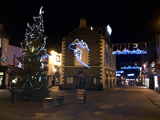 Moot Hall with Christmas lights and Tree in Market Square