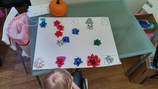 Counting out bows on poster board 