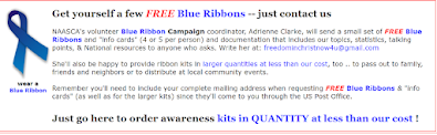 Free Blue Ribbon Campaign Kit Info Screenshot from the NAASCA website Shows a blue awareness ribbon on the left side of an information box with information typewritten in black red and blue on a white background. The information is printed in the post below.