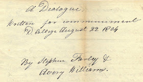 Image of title "A Dialogue written for commencement. D. College August 22, 1804. By Stephen Farley& Avery Williams."