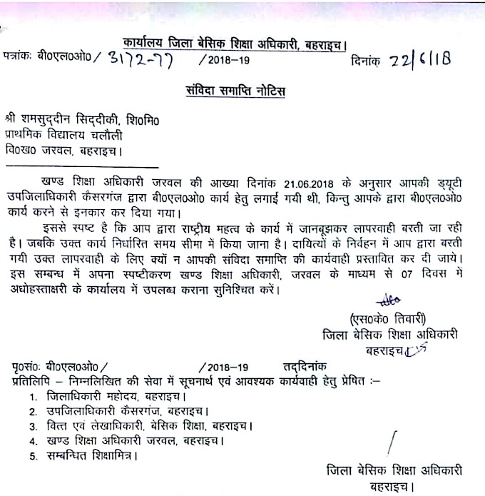 बीएलओ ड्यूटी में लापरवाही बरतने पर शिक्षामित्र को मिला संविदा समाप्ति के नोटिस