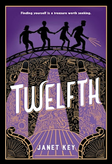 Image of "Twelfth" cover, a purple background with multiple silhouetted figures walking across a lighting rig while the lights shine down toward a stage