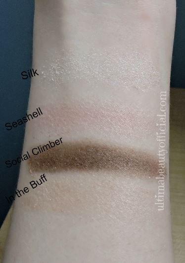 Swatches of Classic Eyeshadow Quad with text. Text reads: Silk, Seashell, Social Climber, In the Buff