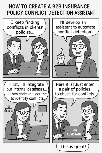 A four-panel digital comic illustrates the process of building a B2B insurance policy conflict detection assistant:  A man tells a woman at a laptop, “I keep finding conflicts in clients’ policies…”  The woman replies confidently, “I’ll develop an assistant to automate conflict detection!”  She’s working on her laptop, saying, “First, I’ll integrate our internal databases… then code an algorithm to identify conflicts.”  The man and woman smile as he looks at the screen, and she says, “Here it is! Just enter a pair of policies to check for conflicts.” Below, he exclaims, “This is great!”