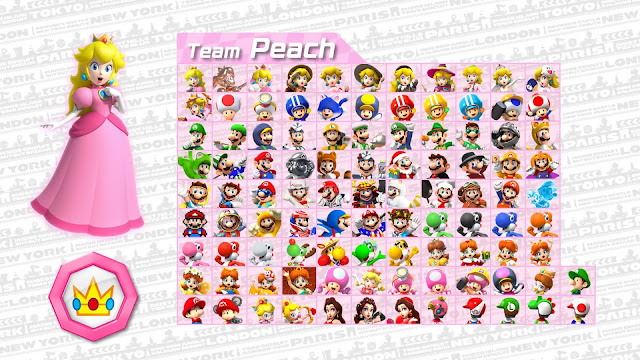 Arte que mostra os personagens da equipe Peach em Mario Kart Tour