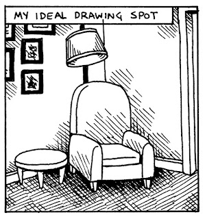 drawing of a chair in a corner with lamp and side table