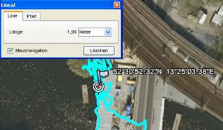 Google-Earth: Sichthöhe 252m, blau: Holux-GPS-Log, Flagge: manuell gesetzter Wegpunkt