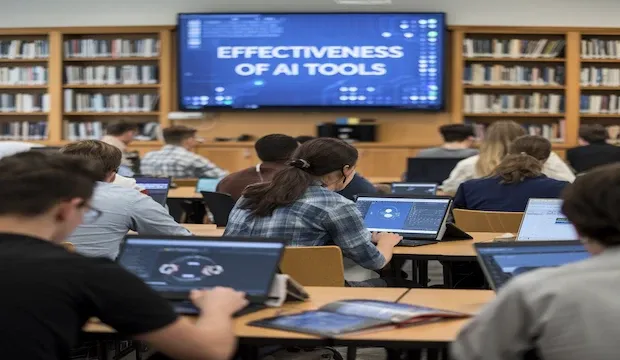 Students in a classroom, focused on laptops and digital tablets, with a large screen displaying "Effectiveness of AI Tools." The image depicts a modern educational setting utilizing technology for learning and research.