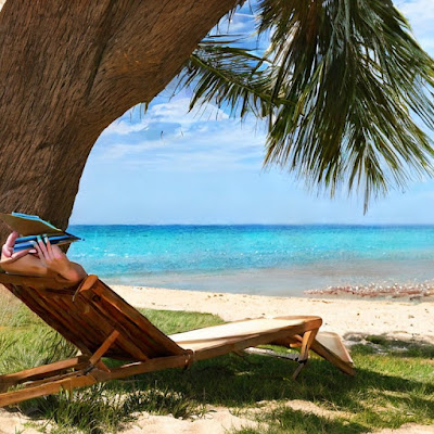 Bad AI picture of someone reading a book on the beach