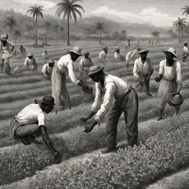 "Illustration of Surinamese slaves working on a sugar plantation"