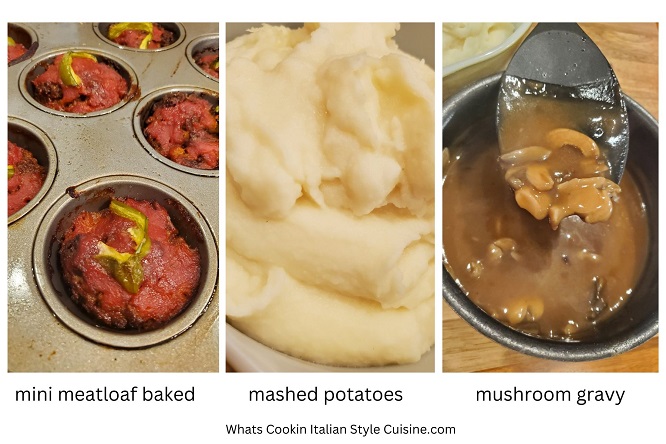 collage of mini meatloaf with mashed potatoes and brown gravy