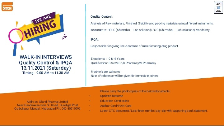 Job Availables,Gland Pharma Walk-In-Interviews For B.Sc/ MSc/ B.Pharmacy/ M.Pharmacy-Fresher's and Experienced