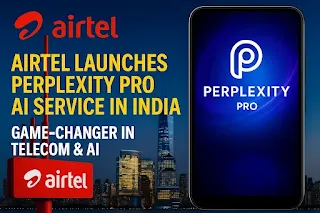 Perplexity Pro AI with Airtel 5G tower and futuristic Indian digital cityscape