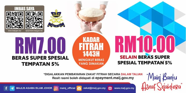 Kadar Bayaran Zakat Fitrah Johor 2022 RM7 Dan RM10