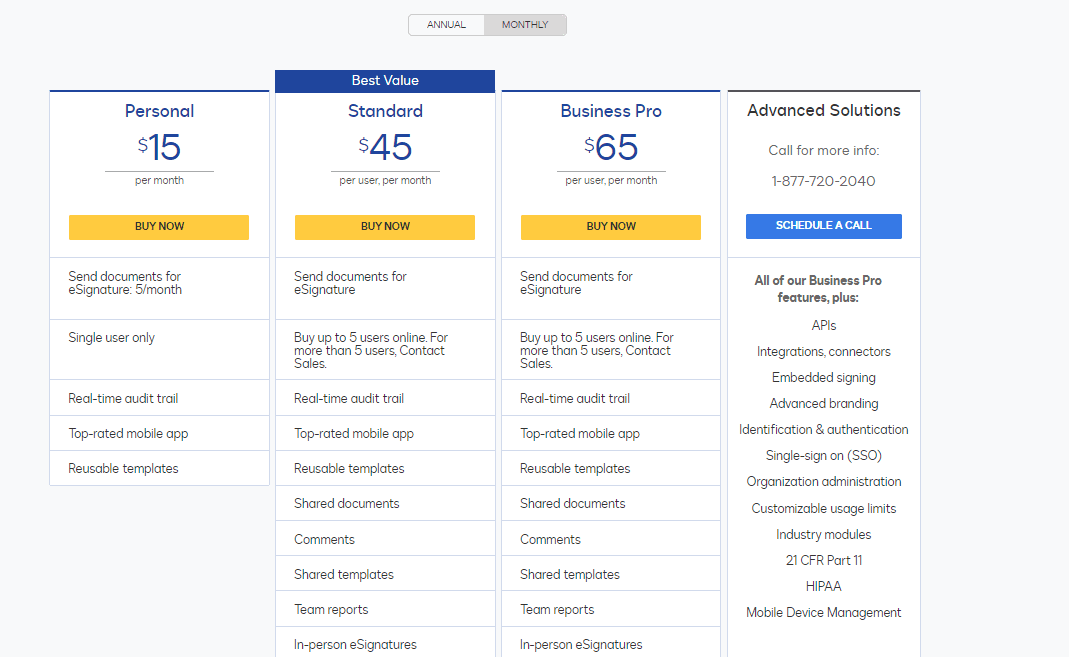 DocuSign Software Price table