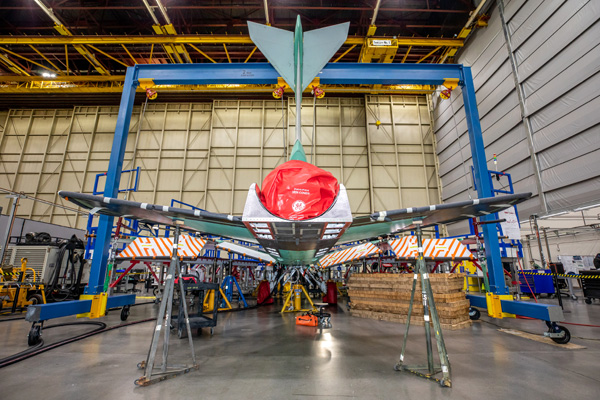 The tail assembly is installed on NASA's X-59 QueSST aircraft at Lockheed Martin's Skunk Works facility in Palmdale, California.