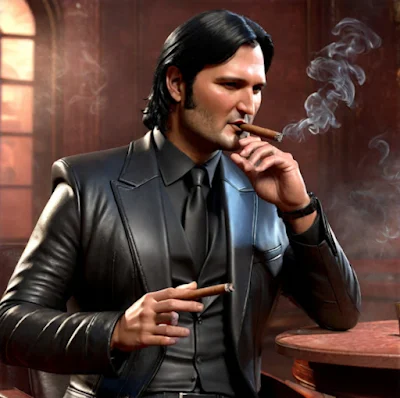 Wearing a black leather blazer smoking a cigar in a cartoon like appearance Robert Rodriguez looks tough