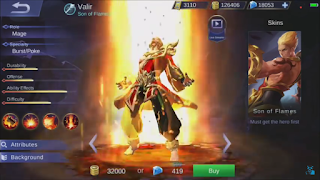 New Hero Valir - Mobile Legends adalah hero Bertipe Mage dengan kemampuan mengendalikan api dan Spesialitas Brust Damage/Poke. Valir merupakan Hero Mage yang OP (Over Power) atau terlalu kuat karena ultimate skill nya sangat LUAR BIASA.Valir mendapat kekuatan Api dari cerita ini.. 