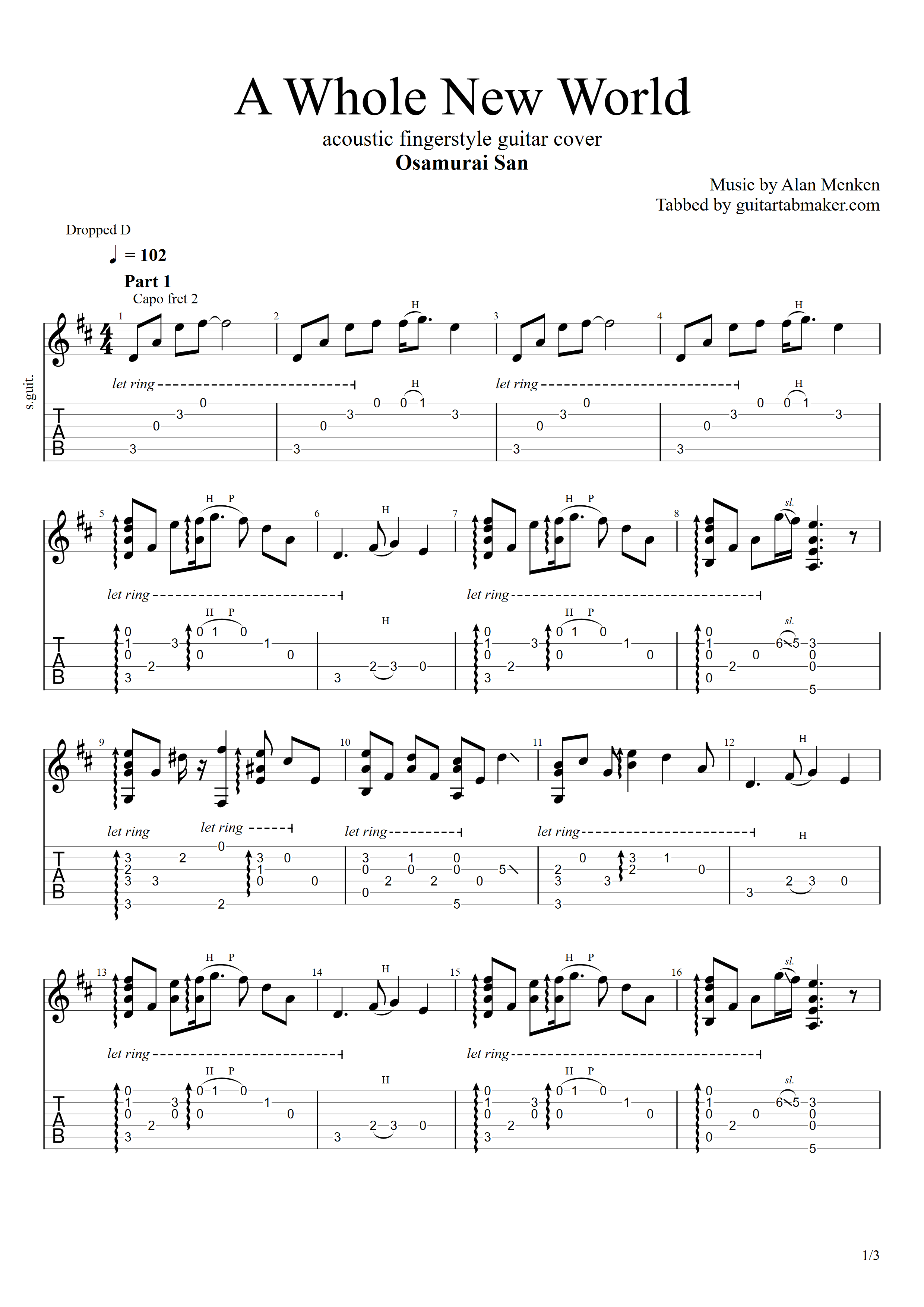 A Whole New World acoustic fingerstyle TAB