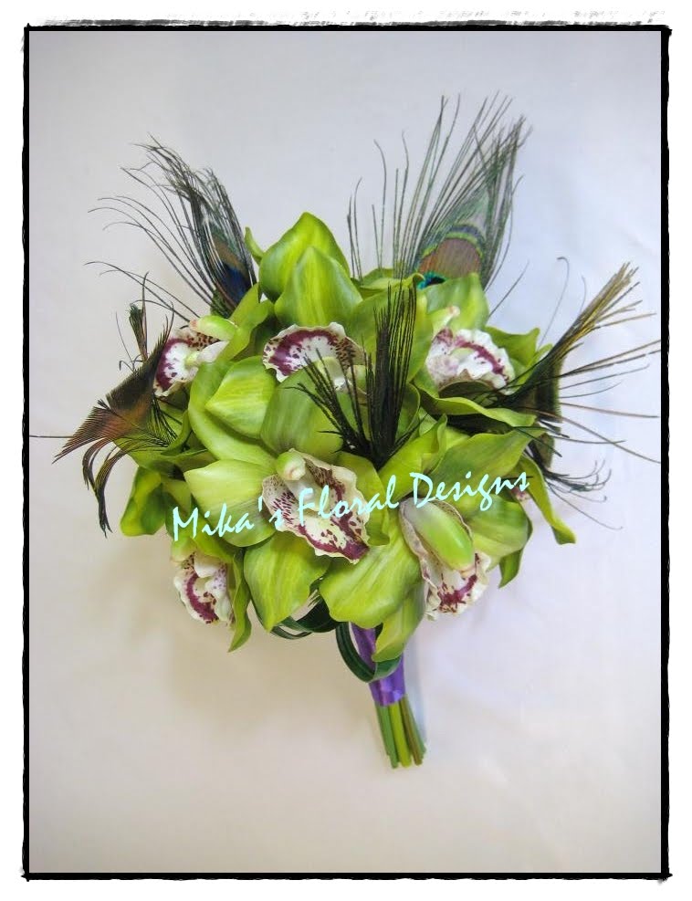 Latex Green Orchid and Peacock Feather Arrangements