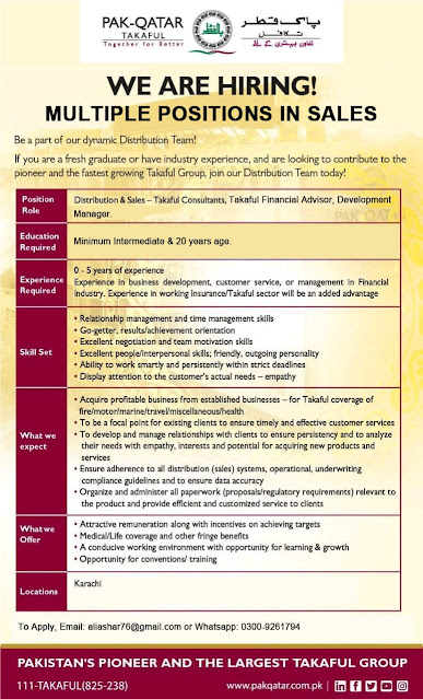 pak-qatar takaful karachi jobs 2021-newspaperjobpk123:  Jobs in pak Qatar takuluf for the post of sale and marking fresh and experience both are required.pak-qatar takaful karachi newspaperjobpk123