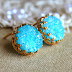 Druzy studs earrings Blue Aqua turquoise - 14k Gold filled Crown Lace setting gemstone jewelry.