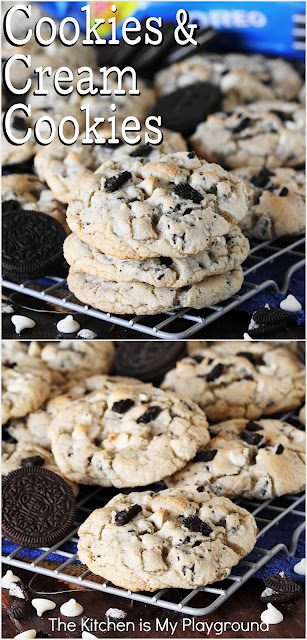 Cookies & Cream Cookies ~ Big, thick, and loaded with chopped Oreos & white chocolate chips, Cookies & Cream Cookies are a pure Oreo-packed delight!  www.thekitchenismyplayground.com