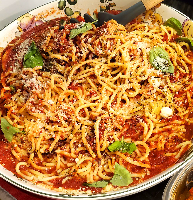 extra large pasta bowl filled with homemade spaghetti macaroni