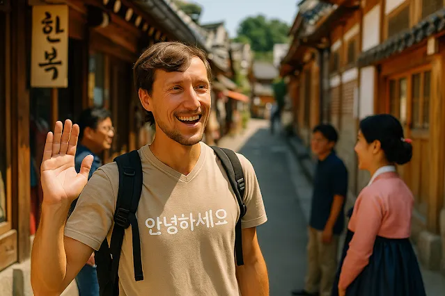Foreign tourist smiling and saying ‘Annyeonghaseyo’ in a traditional Seoul street with Korean locals around