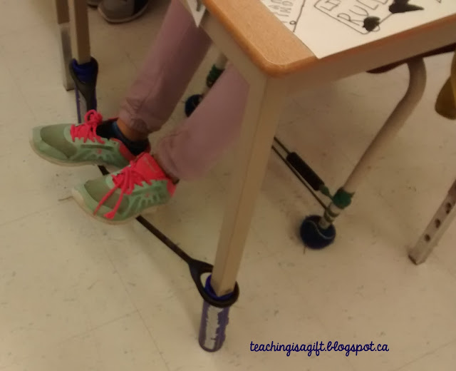 Picture of Bouncy Bands on desk legs http://teachingisagift.blogspot.ca