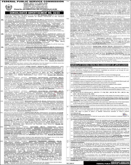 FPSC Advertisement No 10 Jobs 2023 Male/ Female Lecturer (125 Vacancies)