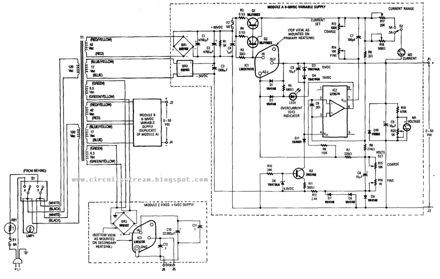 Simple Dual 50V/5A Universal Power Supply Circuit Diagram