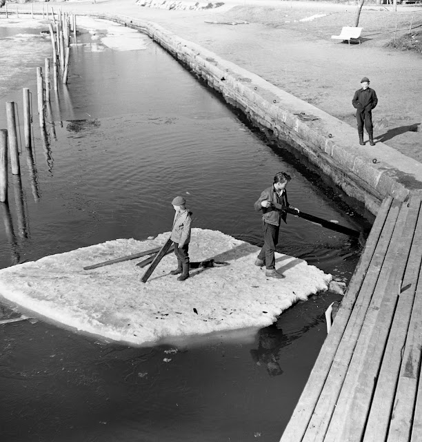 Kuvassa on kolme lasta. Kaksi lapsista seisovat vedessä kelluvalla jäälautalla pidellen puulautoja. Kolmas lapsi seisoo vieressä rannalla.