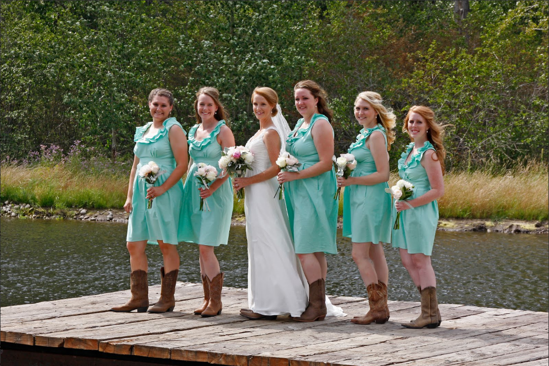 Teal bridesmaid dresses with boots