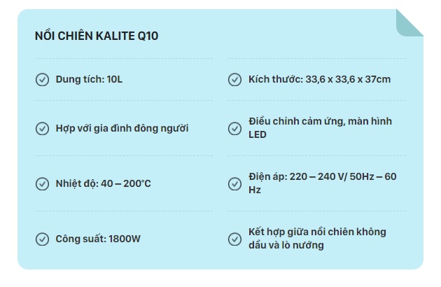 Thông số kỹ thuật lò chiên không dầu Kalite Q10