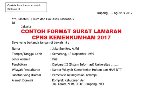 Gambar untuk Contoh Surat Lamaran Kerja CPNS Kemenkumham Tahun Anggaran 2017