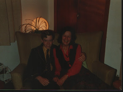 Mum and I October 1984. Just about to go out to celebrate my brother's 21st birthday by having a slap up tea at Dallam Tower Hotel on Dundonald Hill above Loans.