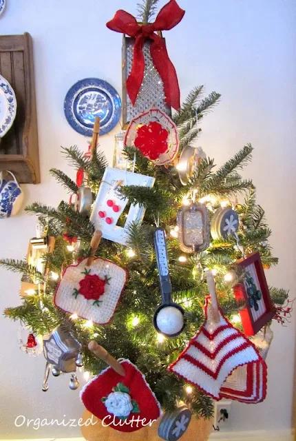 Re-purposed Christmas Tree Ornaments & a Small Tree in a Crock www.organizedclutterqueen.blogspot.com