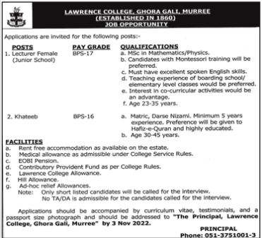 Latest Lawrence College Ghora Gali Education Posts Murree 2022