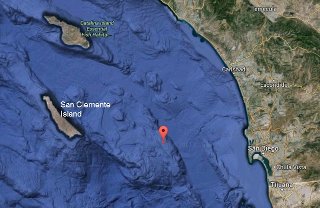 Location of storm-petrel flock west of San Diego