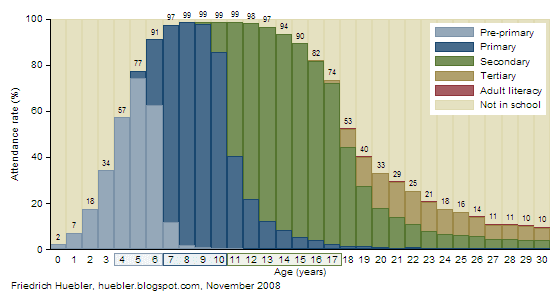 Level of education attended for persons 0 to 30 years, Brazil 2006