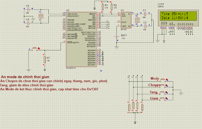 Mạch đồng hồ LCd 16x2 + PIC 16F877a