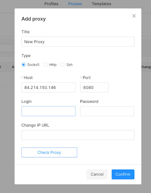 Title, type, host, port, username, password, and a URL to change the IP: eAskme