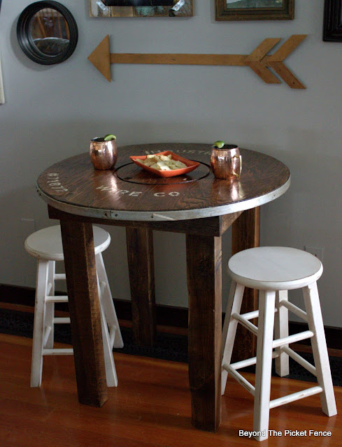 rustic industrial farmhouse round table perfect for coffee or cocktails